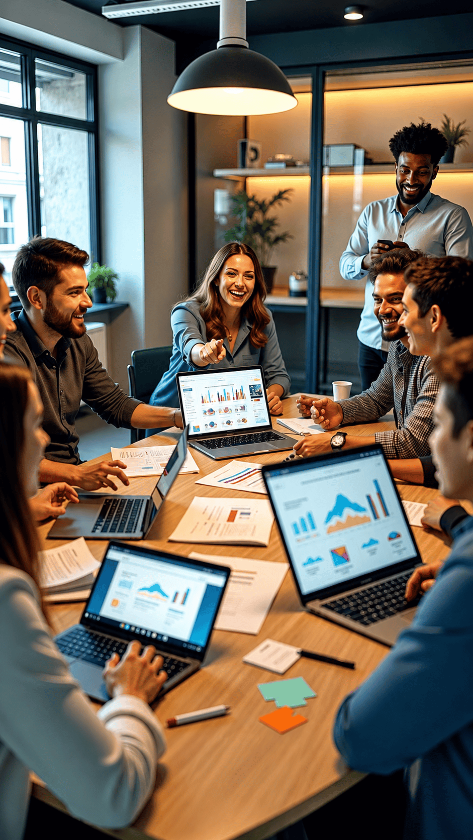 An office team working together around laptops during a meeting.